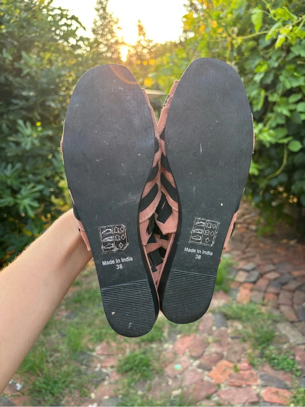 Free People Pink Suede Open-Weave Sandals with Black Straps